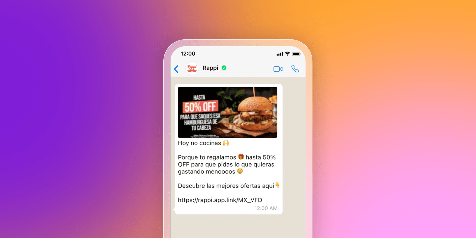 A smartphone displays a Rappi chat message with a hamburger image and Spanish text offering 50% off.