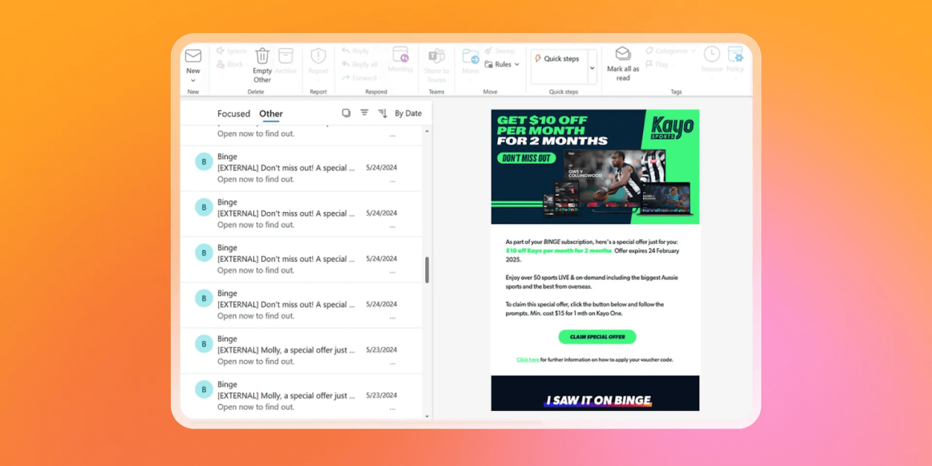 An email client interface showing an inbox and an open Kayo promotional email offering a streaming service discount.