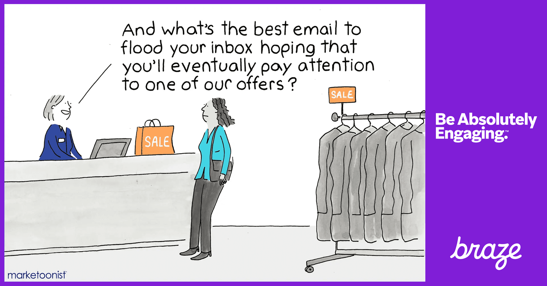 a cartoon of a woman standing in front of a sale sign