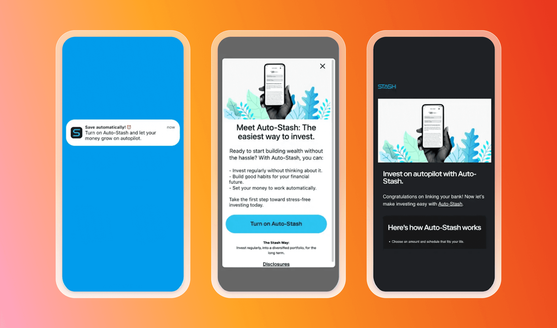 Three phone screens display the Stash app's "Auto-Stash" feature, from a notification to detailed information and activation.