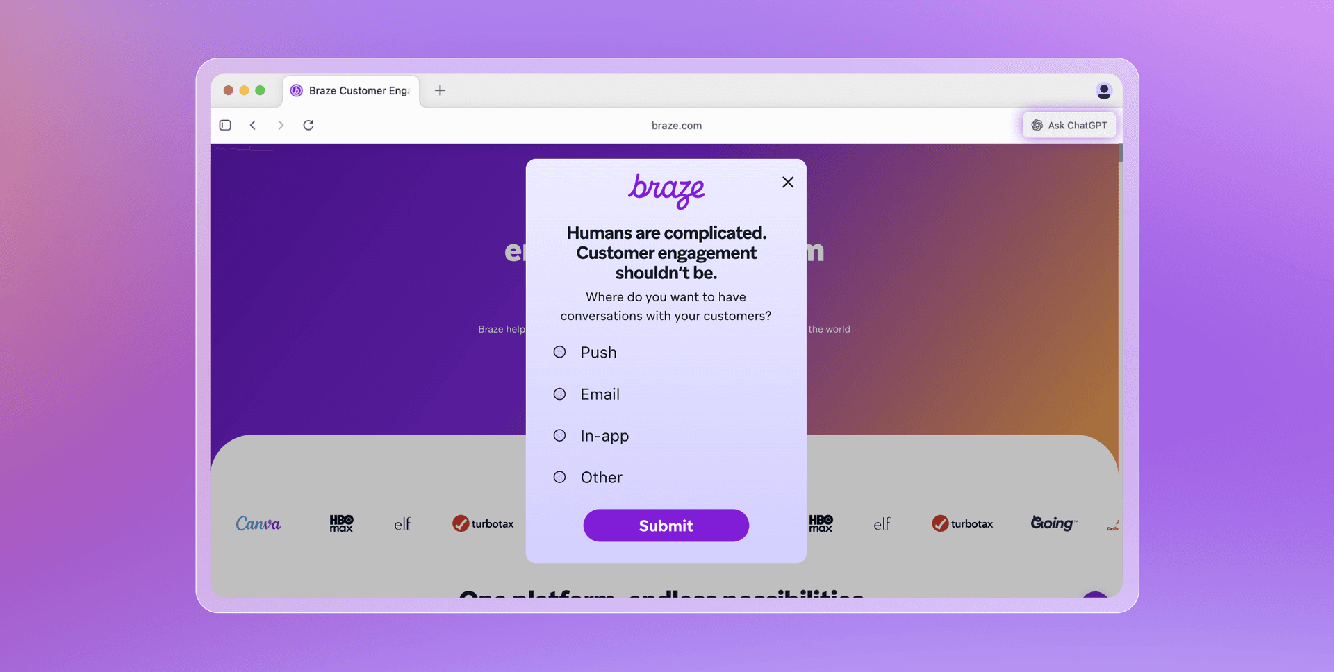 A web browser displays the Braze website with a pop-up modal asking "Where do you want to have conversations with your customers?" with multiple channel options.