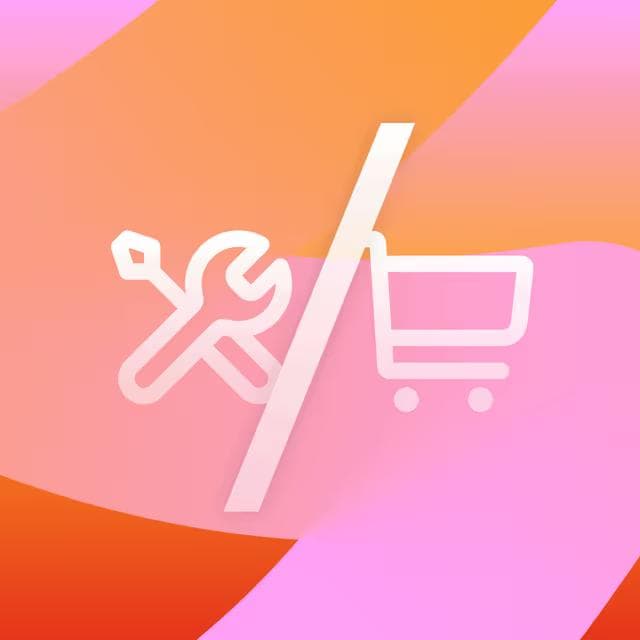 Uma imagem com um ícone de ferramentas e um carrinho de compras.