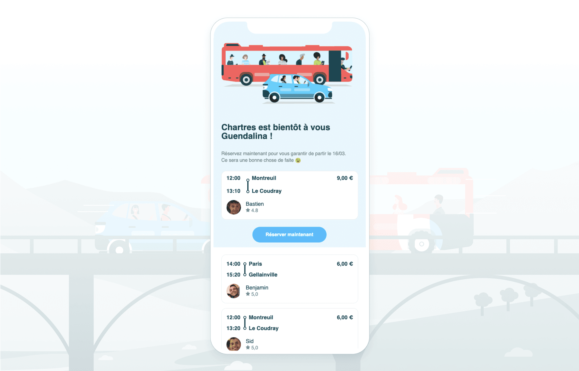 a phone screen shows a list of buses and cars