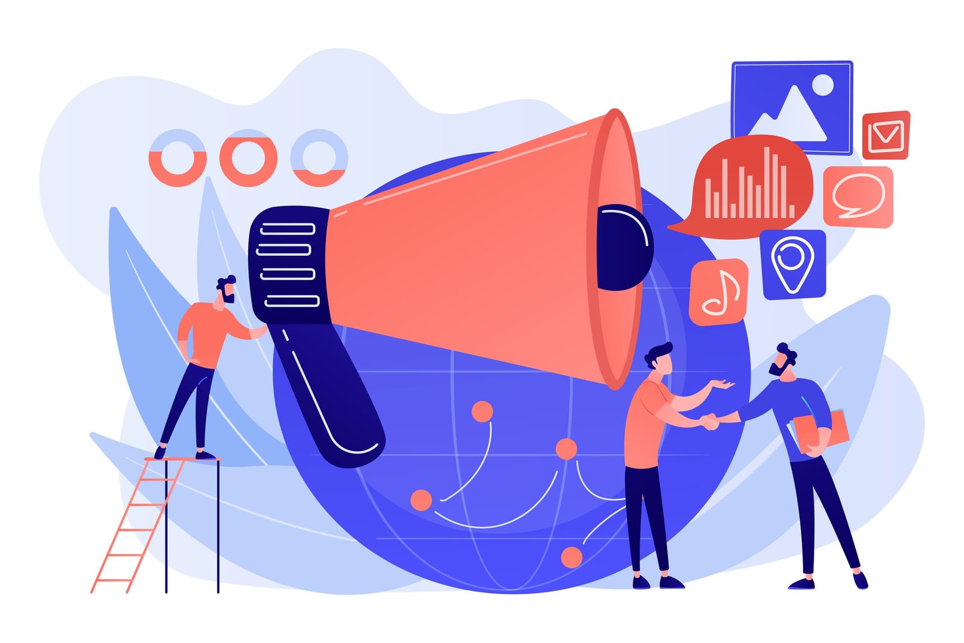 a group of people are standing around a megaphone .