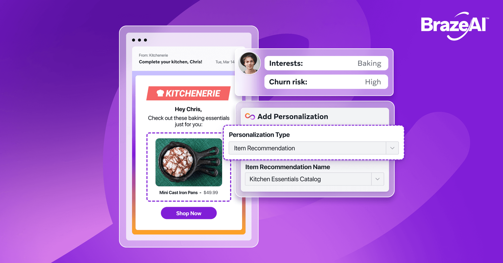 An image showing how Braze AI Recommendations sends personalized recommendations to users