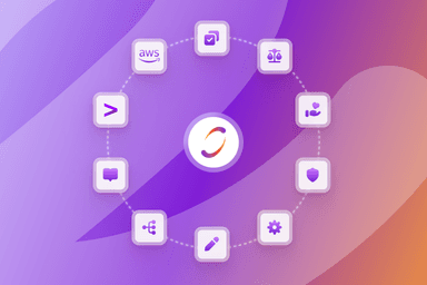 an aws logo is surrounded by other icons on a purple background