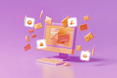 a computer monitor is surrounded by envelopes and icons on a purple background