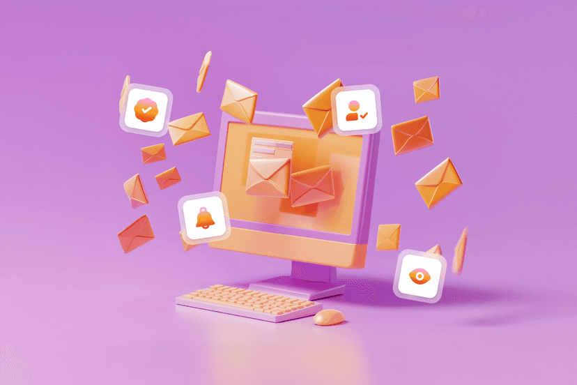 a computer monitor is surrounded by envelopes and icons on a purple background