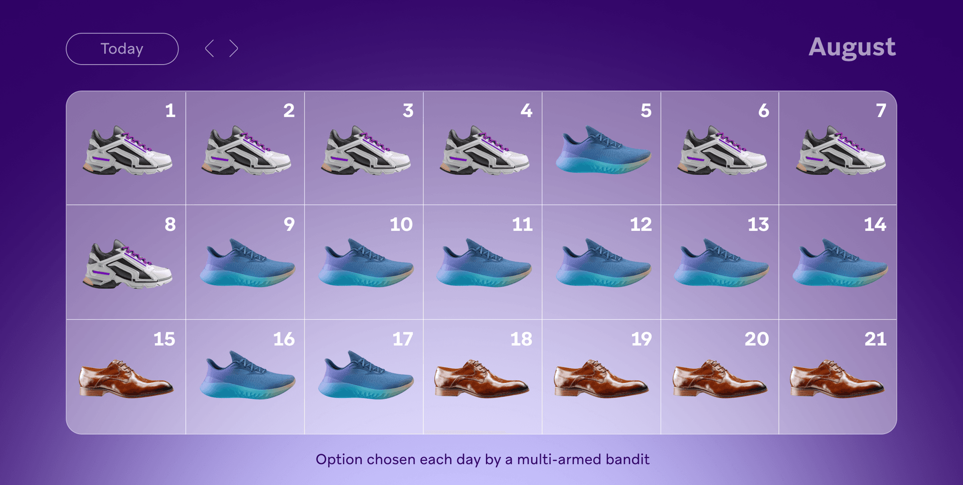 um calendário roxo com o mês de agosto incluído nele.