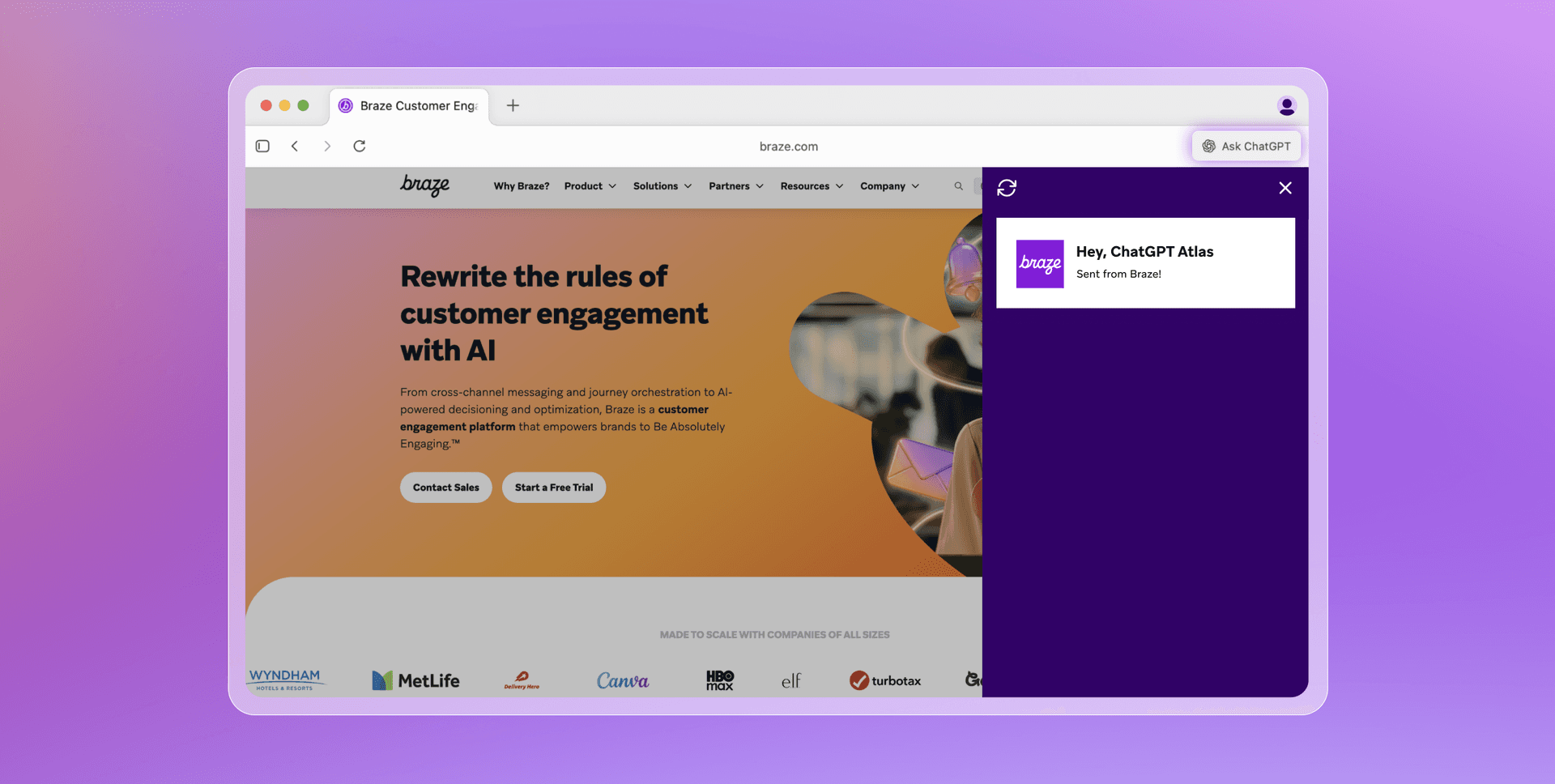 A web browser displaying the Braze website "Rewrite the rules of customer engagement with AI" with a "Hey, ChatGPT Atlas" chatbot pop-up.
