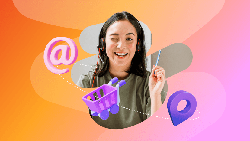 Winking woman in a headset surrounded by icons for email, shopping cart, and location.
