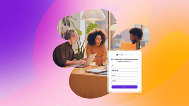 a woman sits at a desk with a laptop next to a sign up form