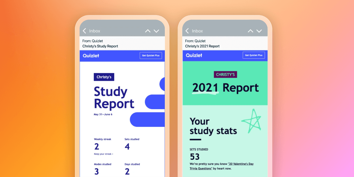 Two mobile phones displaying Quizlet study reports with personal study statistics.