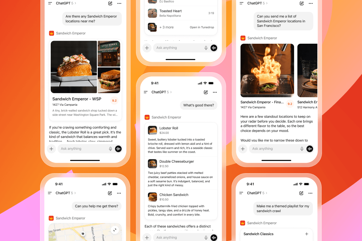 Multiple iPhone screens display ChatGPT conversations about a restaurant called "Sandwich Emperor," showing location searches, menu items, and recommendations.