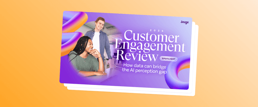 Cover of the Braze 2024 Customer Engagement Review report, featuring a smiling man and woman and the subtitle "How data can bridge the AI perception gap."