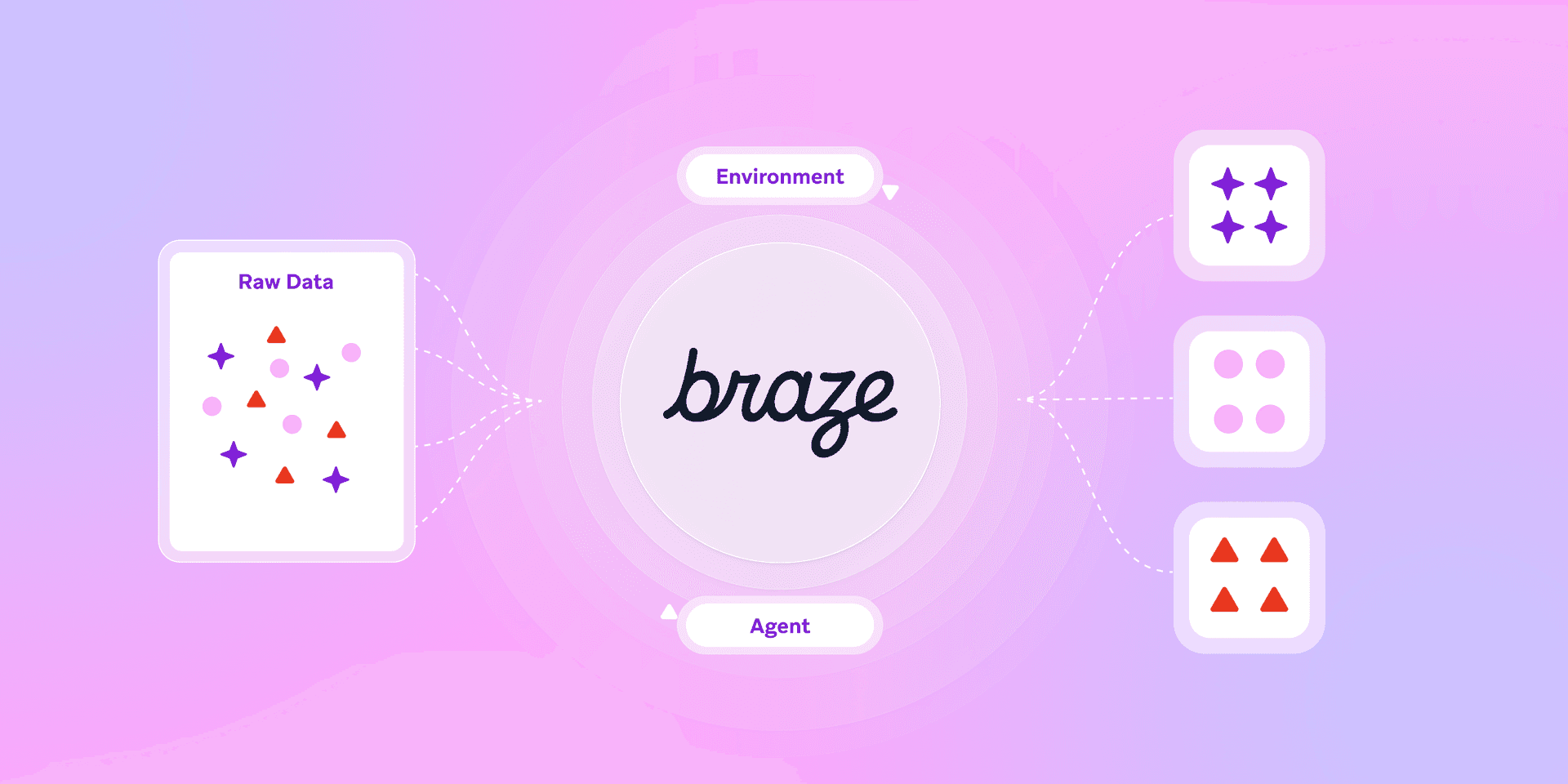Flow diagram shows Braze processing mixed raw data (stars, circles, triangles) into three distinct groups: purple stars, pink circles, and red triangles.