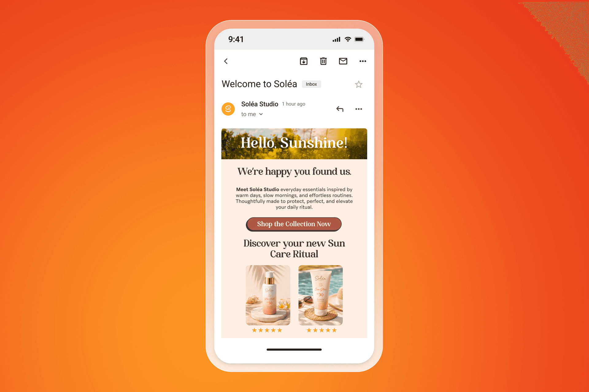 A mobile phone displaying a Soléa Studio welcome email promoting sun care products.