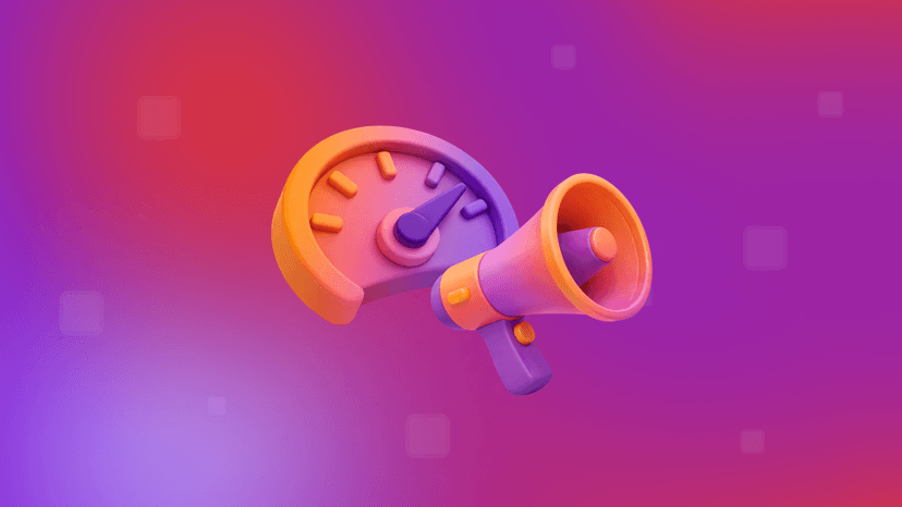 3D purple and orange speedometer and megaphone.