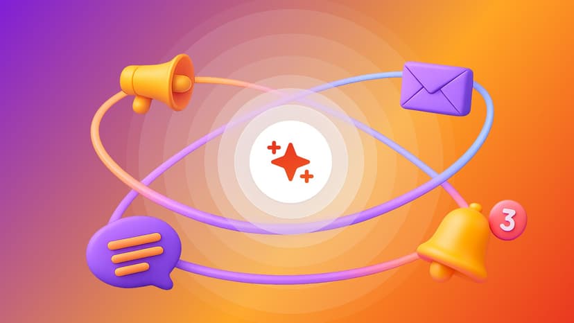 3D graphic of communication icons (megaphone, message, email, and notification bell with '3') swirling around a central star icon on a vibrant orange and purple gradient background.