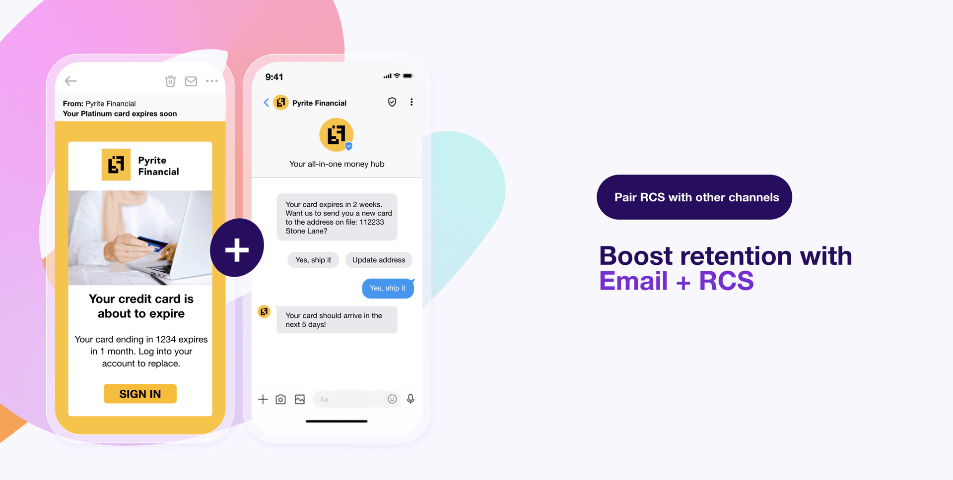 a phone screen shows a message from pyrite financial