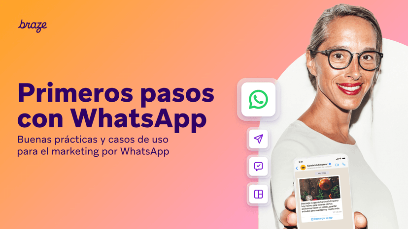 Smiling woman holds a smartphone showing a WhatsApp chat, next to text "Primeros pasos con WhatsApp" and a stack of app icons including the WhatsApp logo.