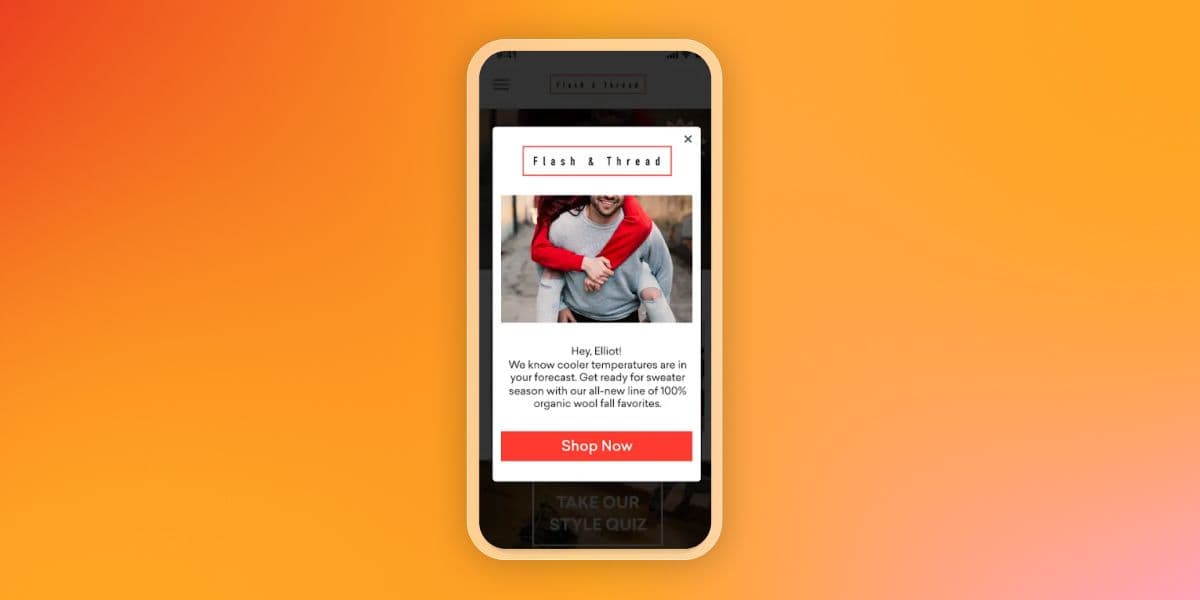 A smartphone displays a Flash & Thread pop-up ad for sweater season, featuring a person and a "Shop Now" button.