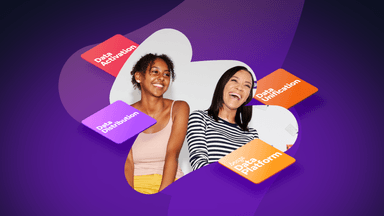 two women are surrounded by cards that say data activation data distribution data unification and data platform