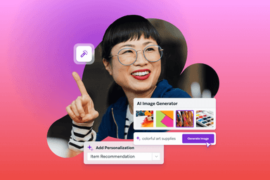 a woman is pointing up at a screen that says al image generator