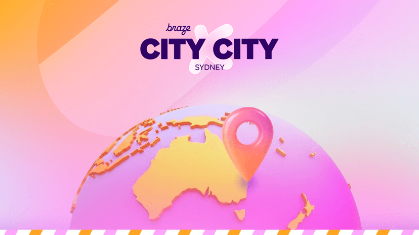 Colorful illustration of a globe highlighting Australia with a large map pin over Sydney and the text “Braze City x City Sydney” above.