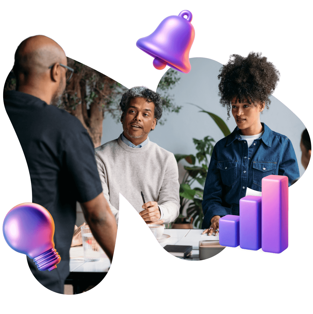 Three people in a meeting, with 3D icons of a purple bell, lightbulb, and bar chart.