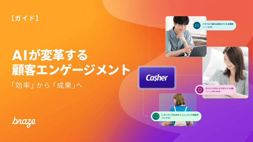 「AIが顧客エンゲージメントを変革:効率から成果へ」と題されたグラフィック。旅行マイル、ガソリンポイント、レストランキャッシュバックについて、3人の顧客にパーソナライズされたメッセージを送信する「Casher」システムを示している。