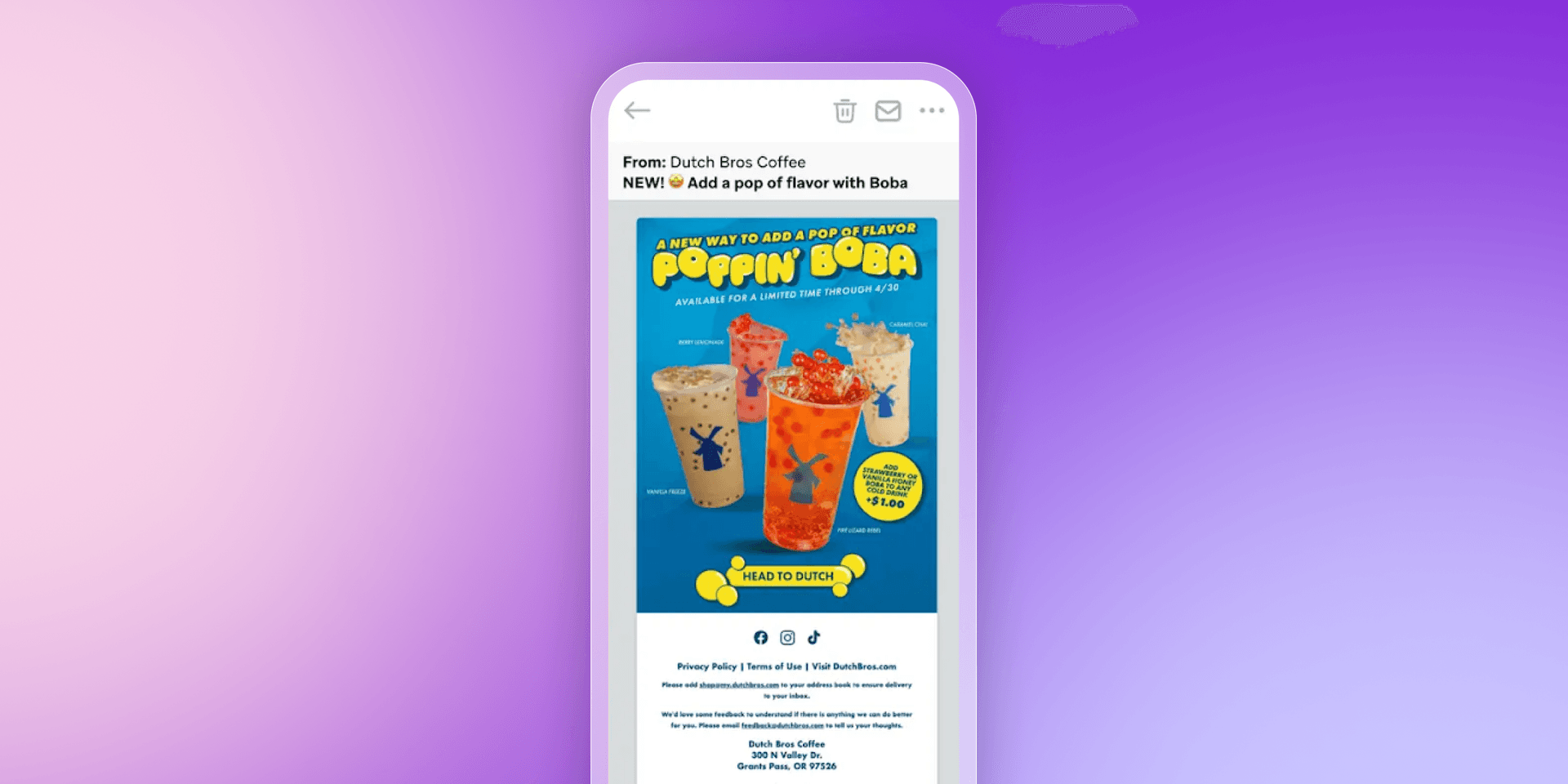 A smartphone displays a Dutch Bros Coffee email advertising "Poppin' Boba" drinks.