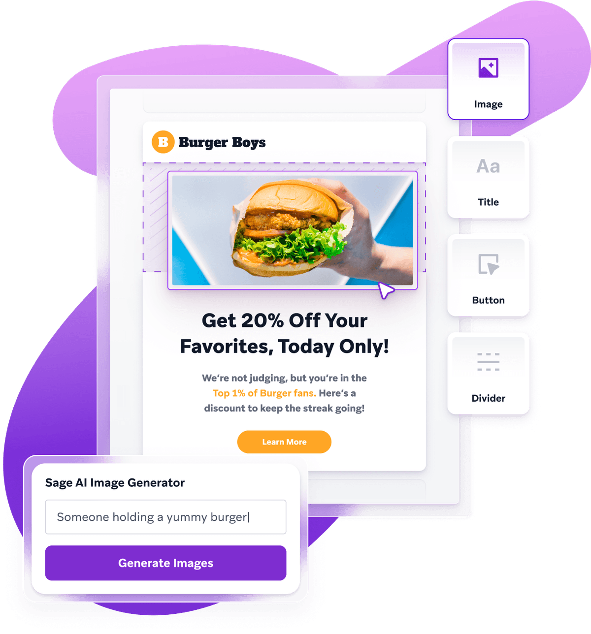 an advertisement for burger boys that says get 20 % off your favorites today only