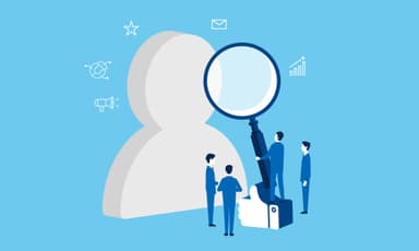 a group of people are looking at a person through a magnifying glass .