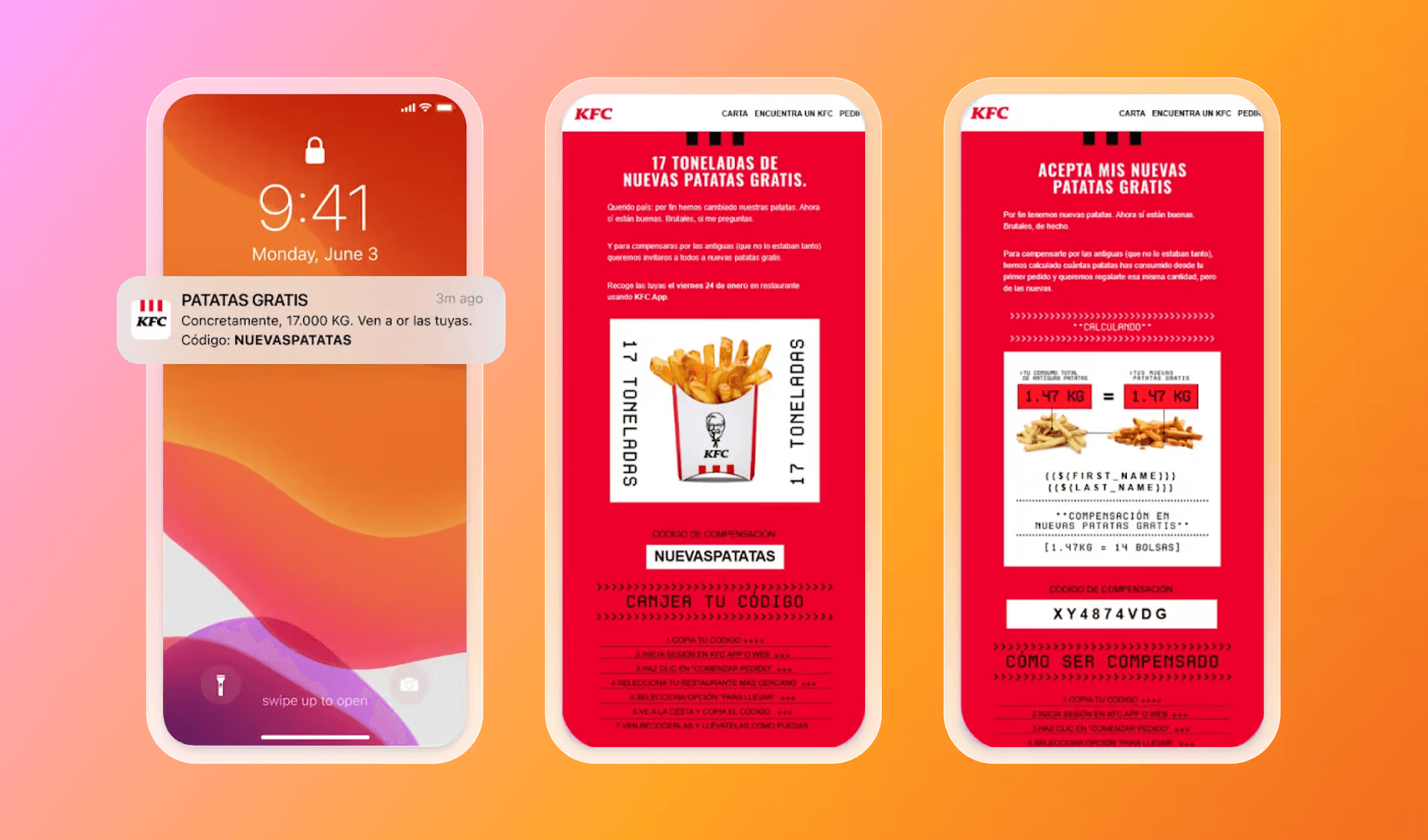 Montage de trois écrans de smartphone montrant une campagne KFC en espagnol offrant des « patatas gratis », avec une notification push à gauche et deux pages promotionnelles rouges détaillant l’offre de nouvelles frites gratuites au centre et à droite.