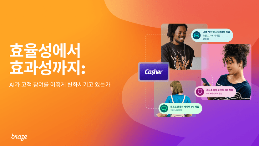 Braze graphic titled "From efficiency to effectiveness: How AI is transforming customer engagement," featuring three individuals receiving personalized digital notifications.