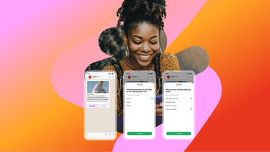 A smiling young Black woman looks at three phone screens displaying an app with a message and preference forms.