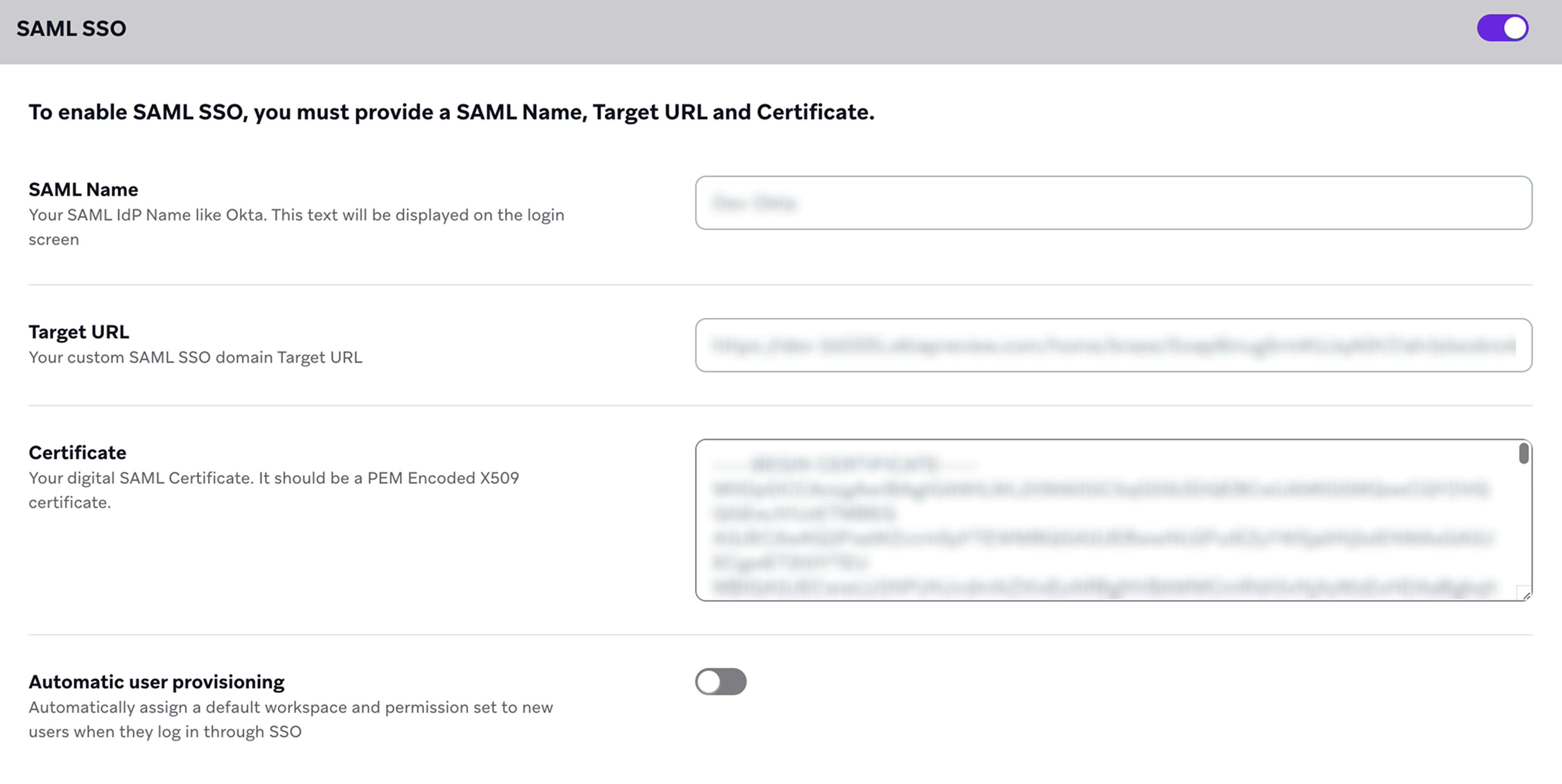 Okta SAML SSO enabled on the Security Settings page.