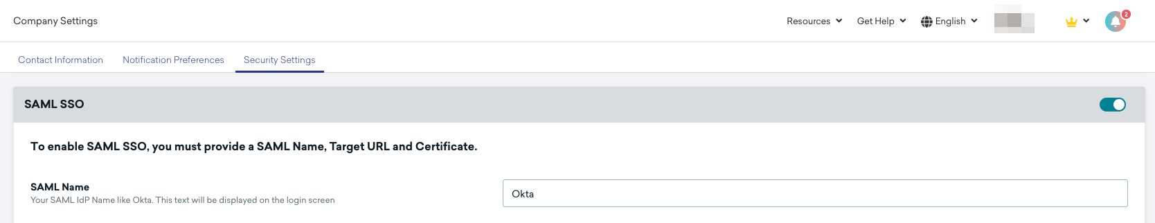 Okta SAML SSO enabled on the Security Settings page.