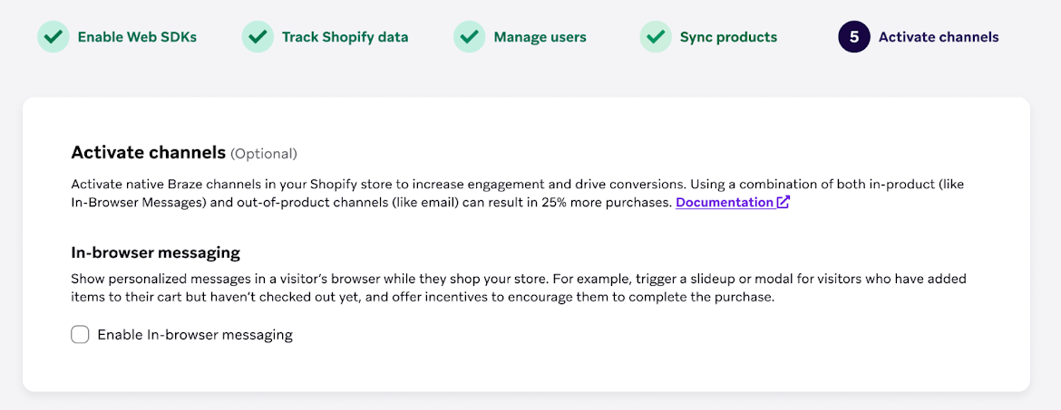 Setup step to activate channels, with the available option being in-browser messaging.