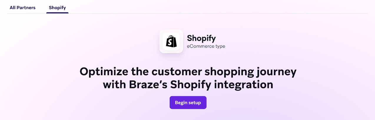 Shopify integration setup page on the Braze dashboard.