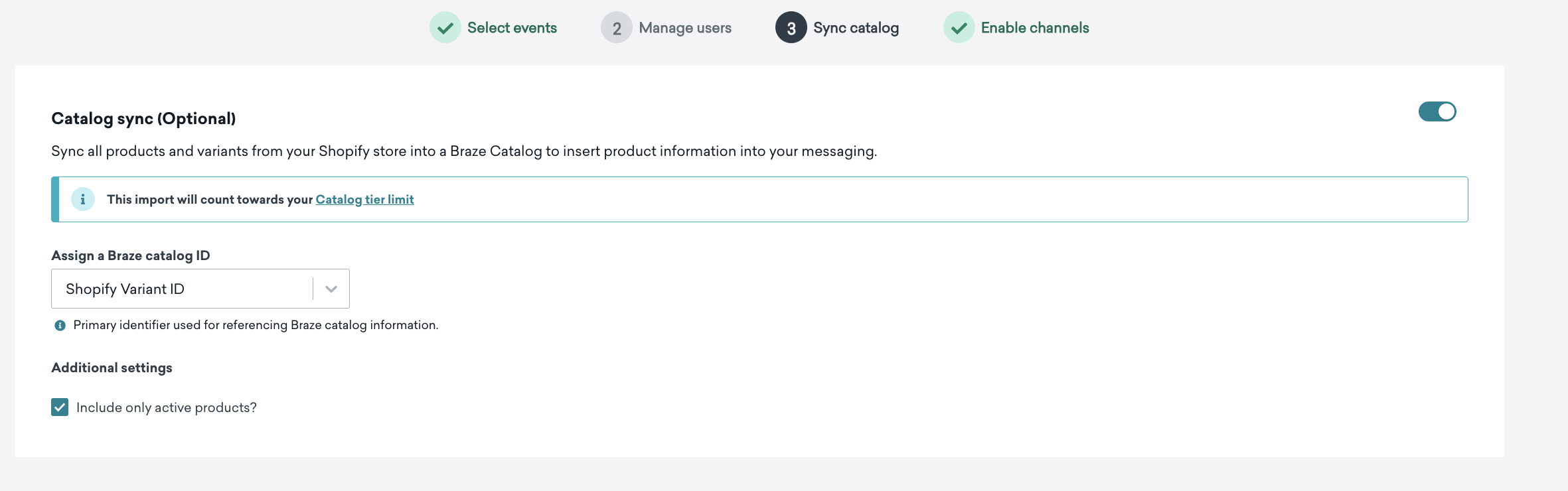Shopify "Sync catalog" step with catalog toggle.