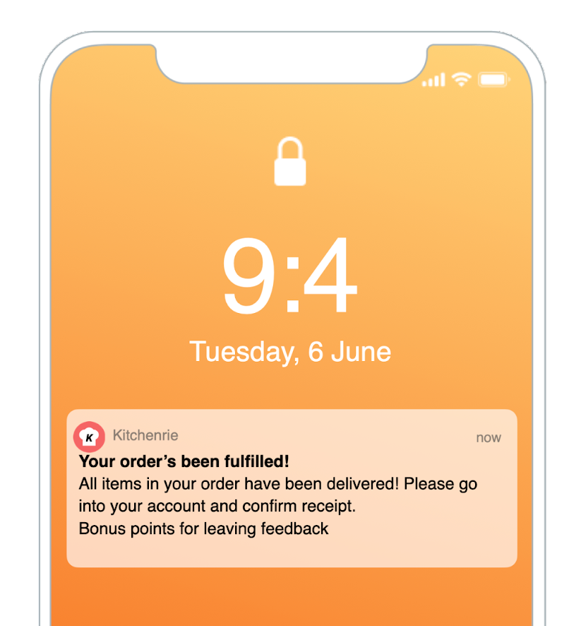 Text message with the text "Your order's been fulfilled! All items in your cart have been delivered! Please go into your account and confirm receipt. Bonus points for leaving feedback."