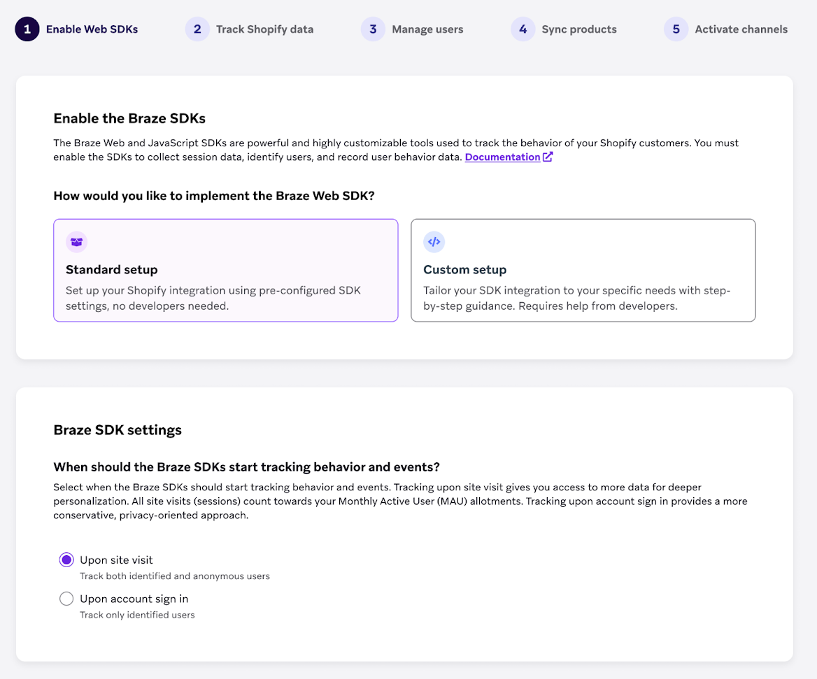 “Enable Web SDK” step with options to implement through a standard setup or custom setup.