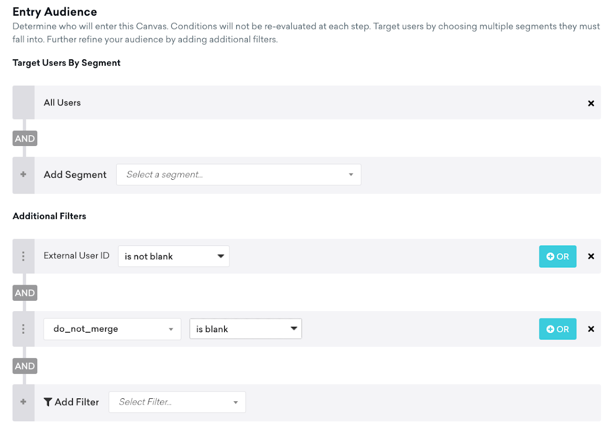 The "Entry Audience" step in the Canvas composer with `do_not_merge` as a filter.