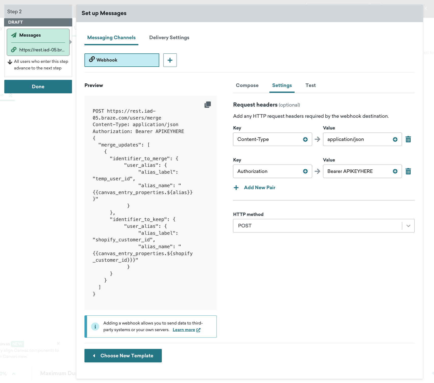 Message step in the Canvas composer with a Webhook messaging channel.