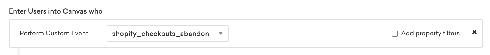 Action-based Canvas that enters users who perform the custom event "shopify_checkouts_abandon".