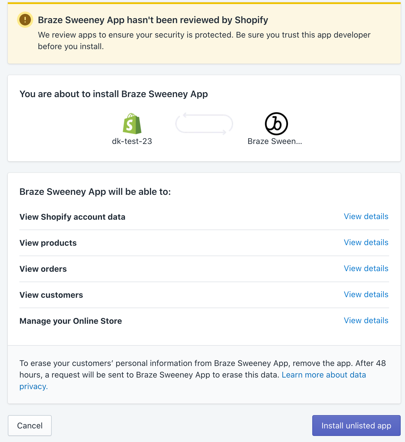 Shopify app installation page, which lists the permissions the Braze app will have after installing.