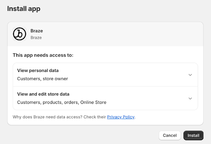 The Braze app store page with a button to install the application.