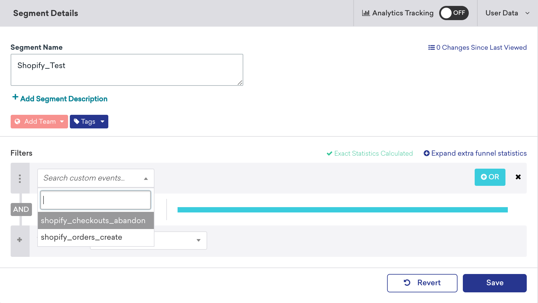 Segment Details page for a Shopify_Test segment with the filter for the custom event "shopify_checkouts_abandon" highlighted.
